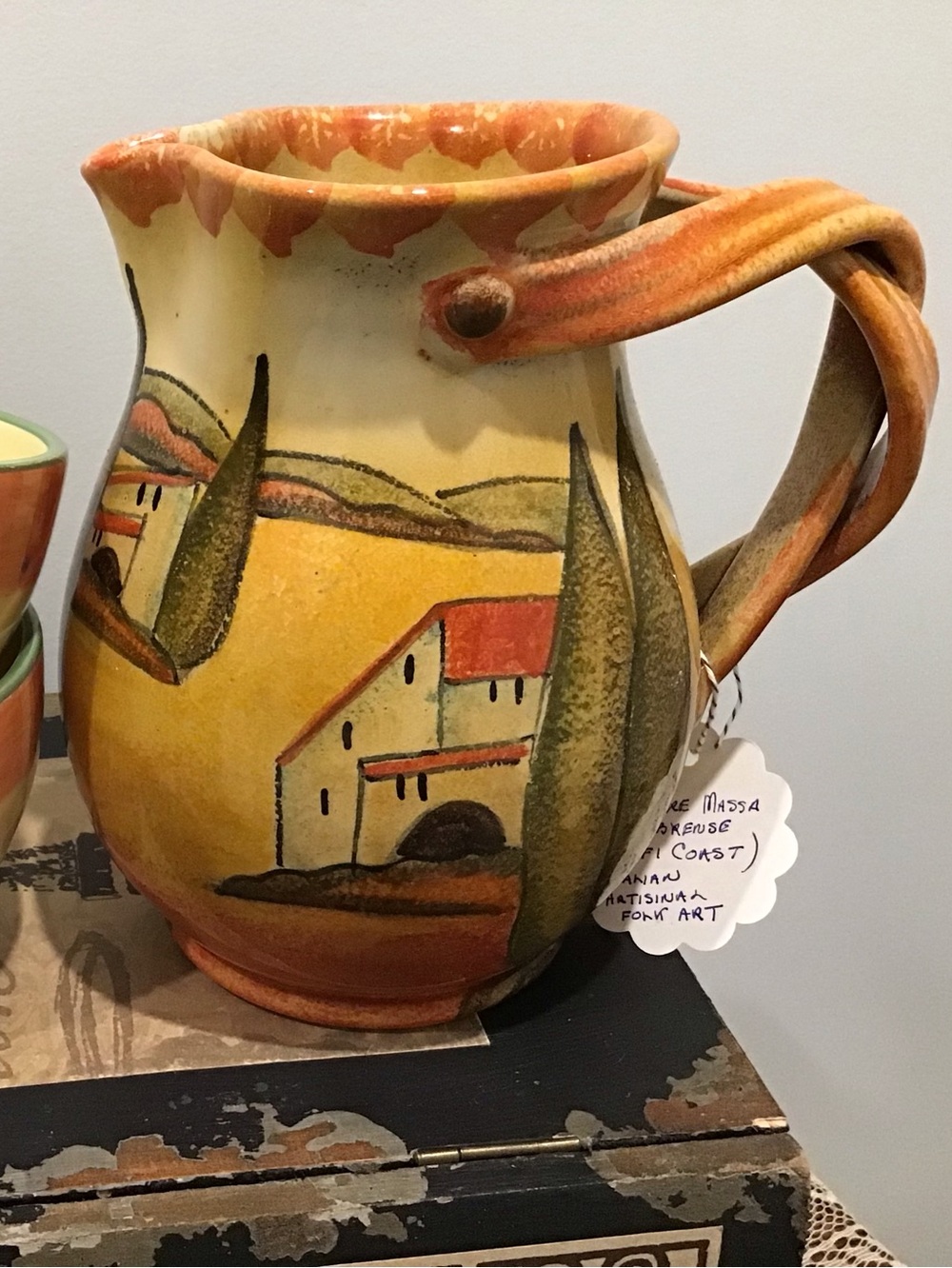 Hand painted Italian pottery vase. Twisted handle. signed. Fall colours